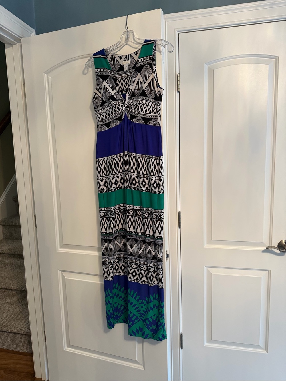 Chico's Sleeveless Maxi Dress in Blue, Green & Black Geometric Print